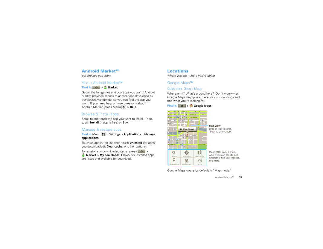 Motorola TBD-A manual Android Market, Locations 