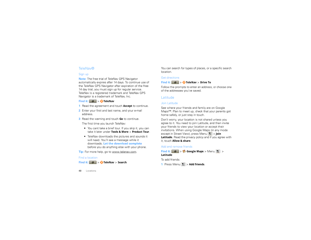 Motorola TBD-A manual Latitude, Find it TeleNav 