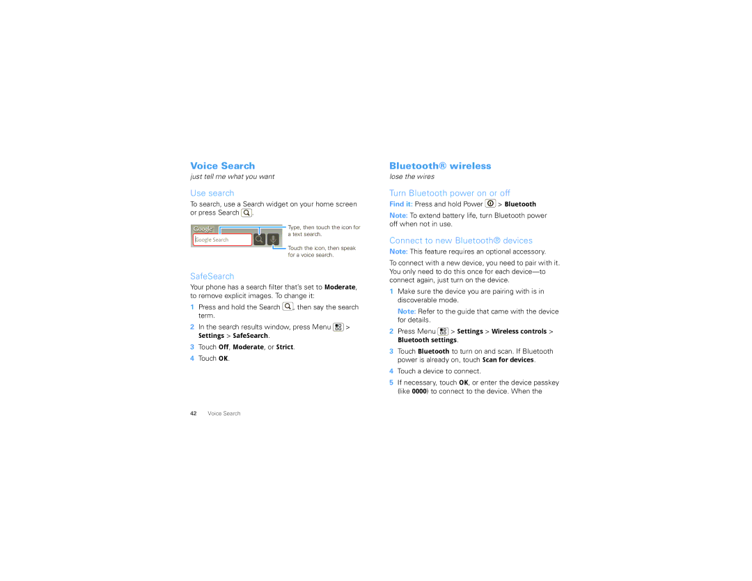 Motorola TBD-A manual Voice Search, Bluetooth wireless 