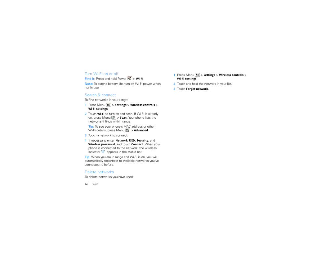 Motorola TBD-A manual Turn Wi-Fi on or off, Search & connect, Delete networks 