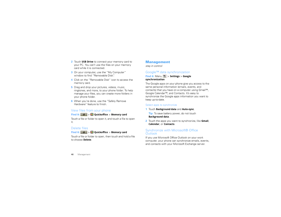 Motorola TBD-A manual Management, View files from your phone, Delete files, Google data synchronization 