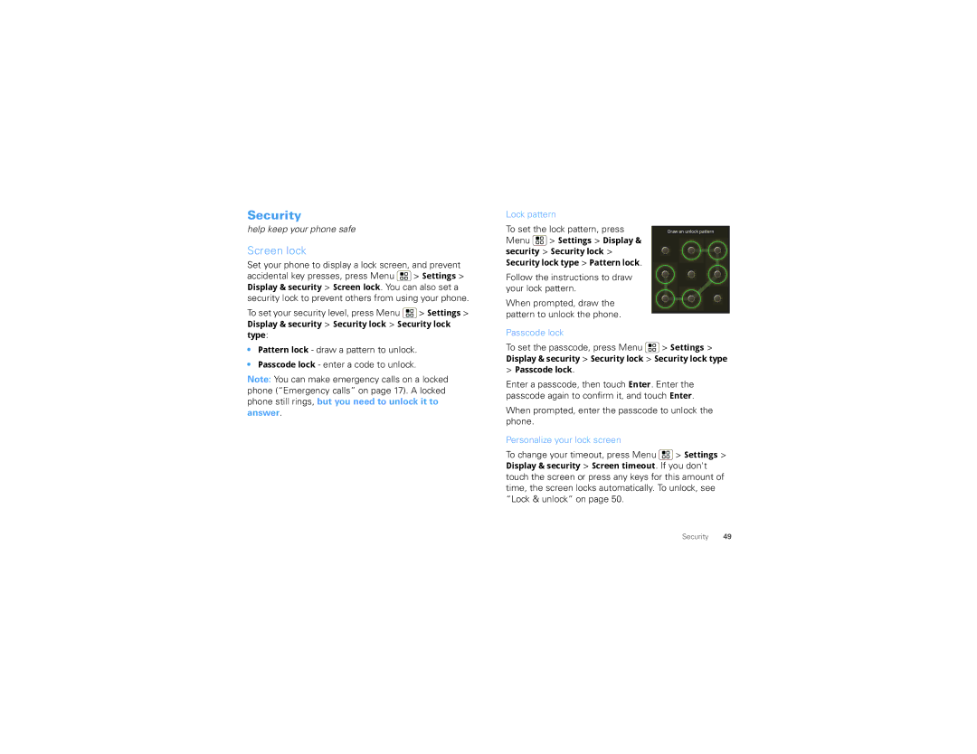 Motorola TBD-A manual Security, Screen lock, Lock pattern, Passcode lock, Personalize your lock screen 