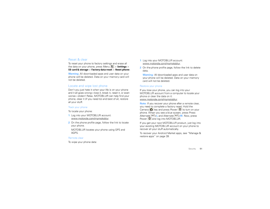 Motorola TBD-A manual Reset & clear, Locate and wipe lost phone, Track your phone, Remote clear, Restore your phone 