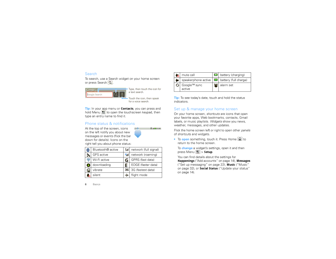 Motorola TBD-A Search, Phone status & notifications, Set up & manage your home screen, At the top of the screen, icons 