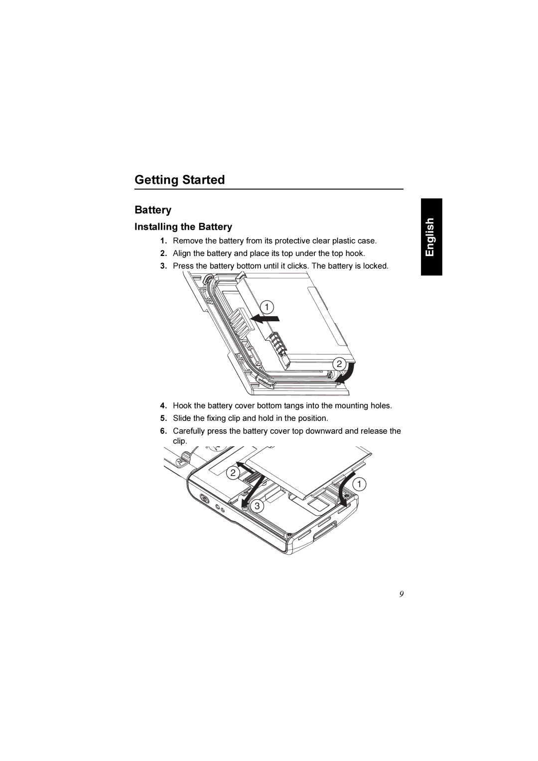 Motorola TCR1000 manual Getting Started, Installing the Battery 