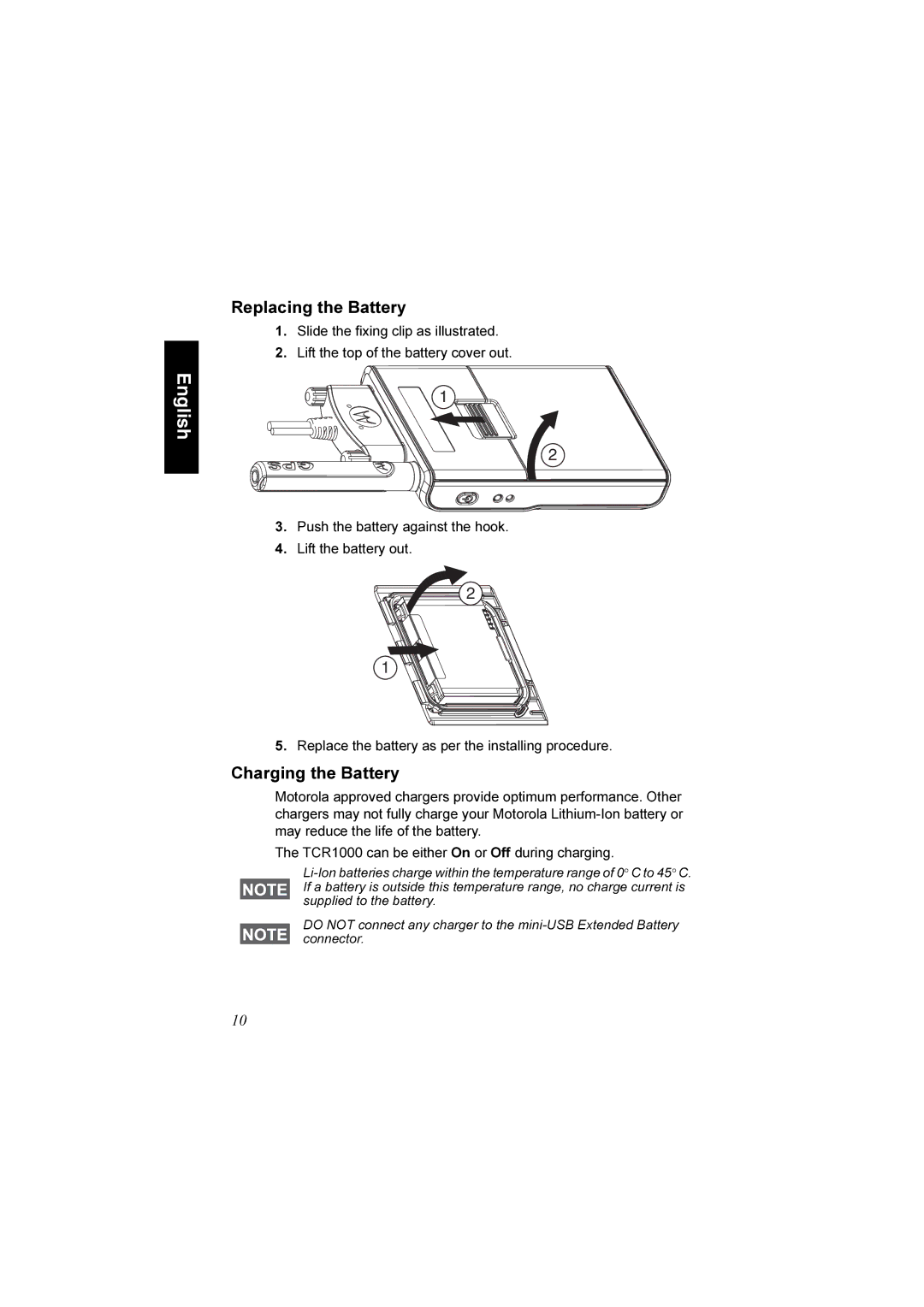 Motorola TCR1000 manual Replacing the Battery, Charging the Battery 