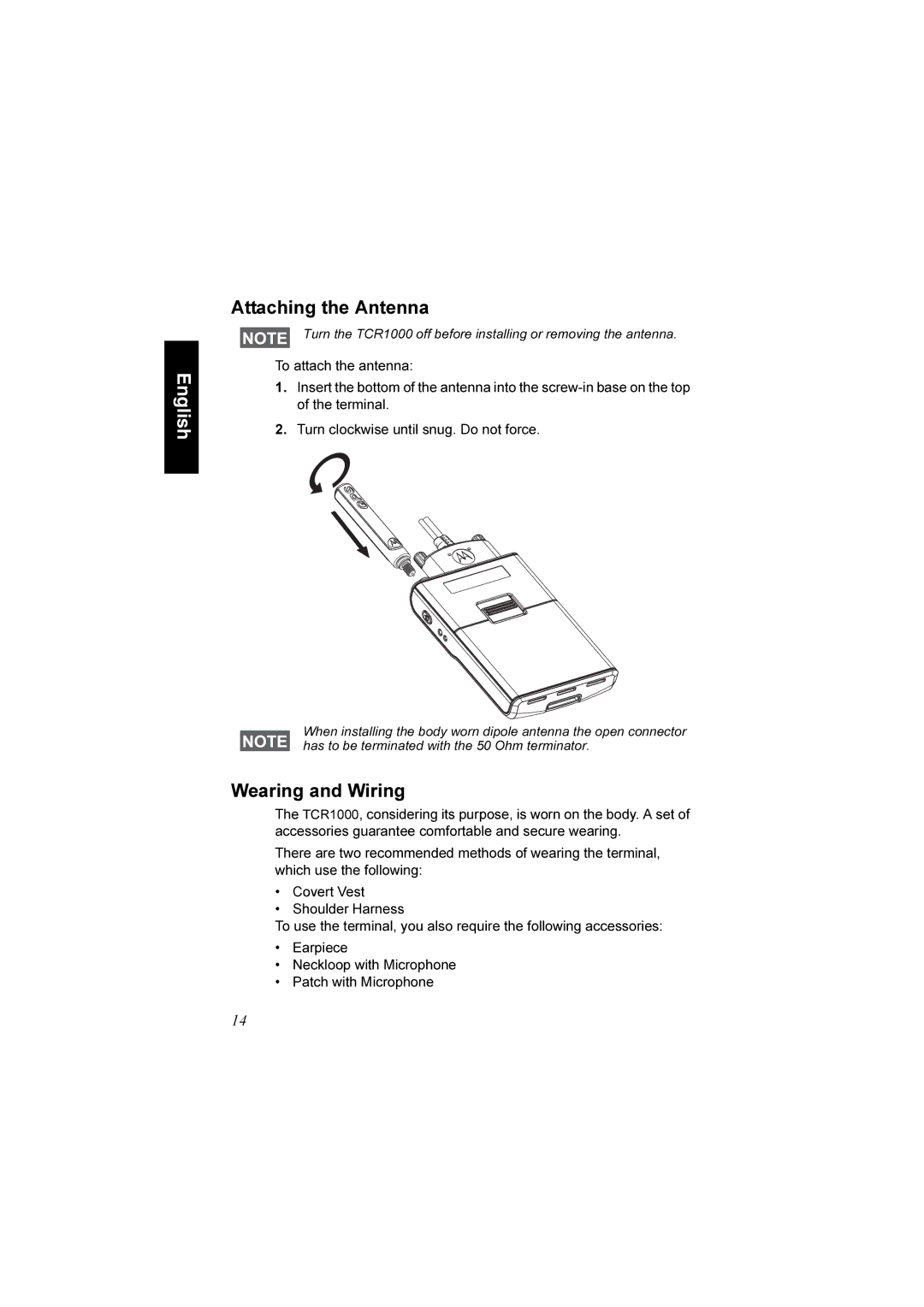 Motorola TCR1000 manual Attaching the Antenna, Wearing and Wiring 