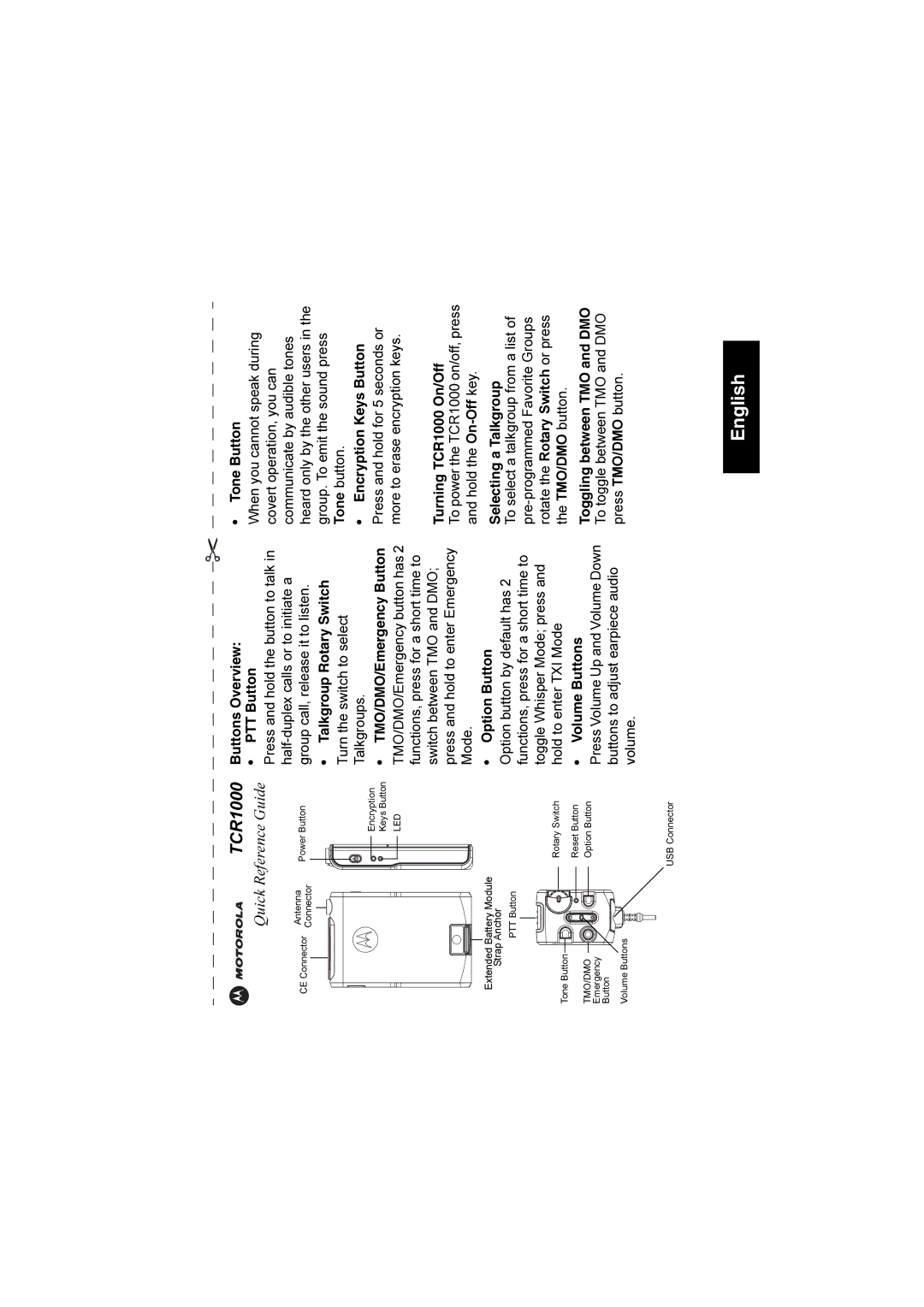 Motorola manual To power the TCR1000 on/off, press and hold the On-Off key, Hold to enter TXI Mode 