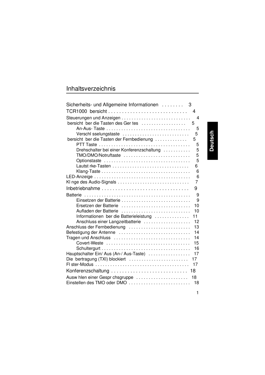 Motorola manual Inhaltsverzeichnis, Sicherheits- und Allgemeine Informationen TCR1000 Übersicht, Inbetriebnahme 