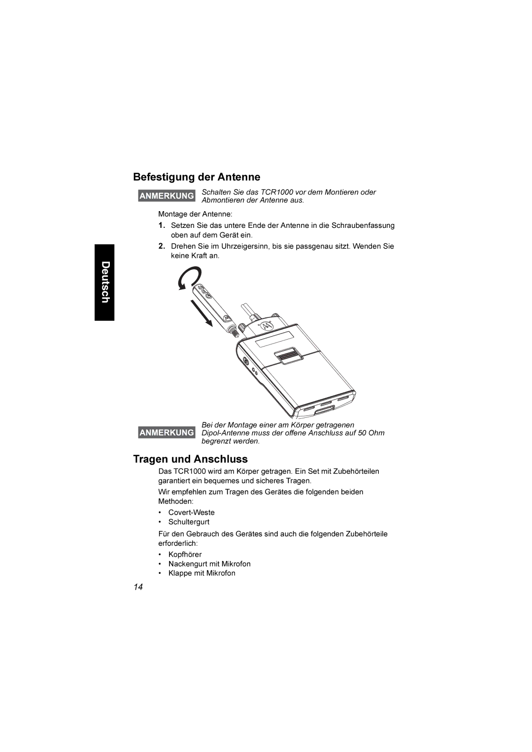 Motorola TCR1000 manual Befestigung der Antenne, Tragen und Anschluss 