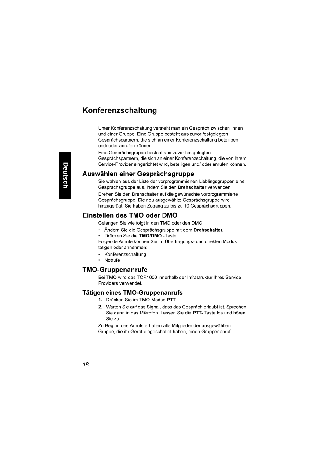 Motorola TCR1000 manual Konferenzschaltung, Auswählen einer Gesprächsgruppe, Einstellen des TMO oder DMO, TMO-Gruppenanrufe 