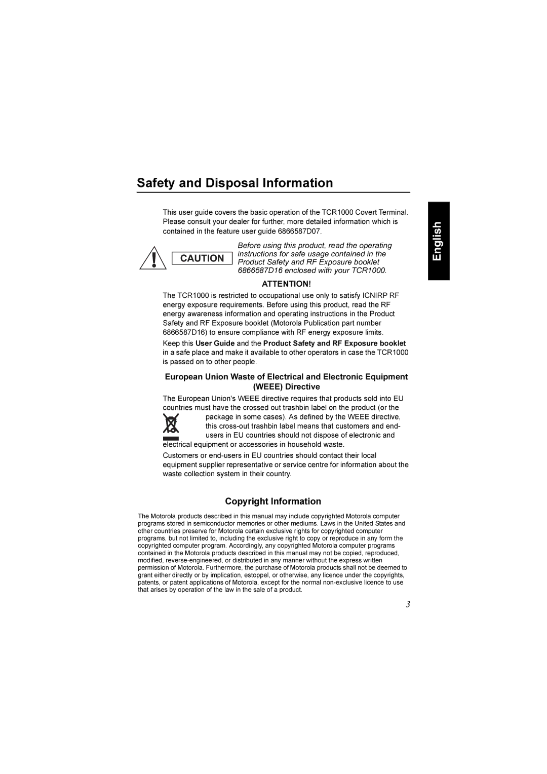 Motorola TCR1000 manual Safety and Disposal Information, Copyright Information 