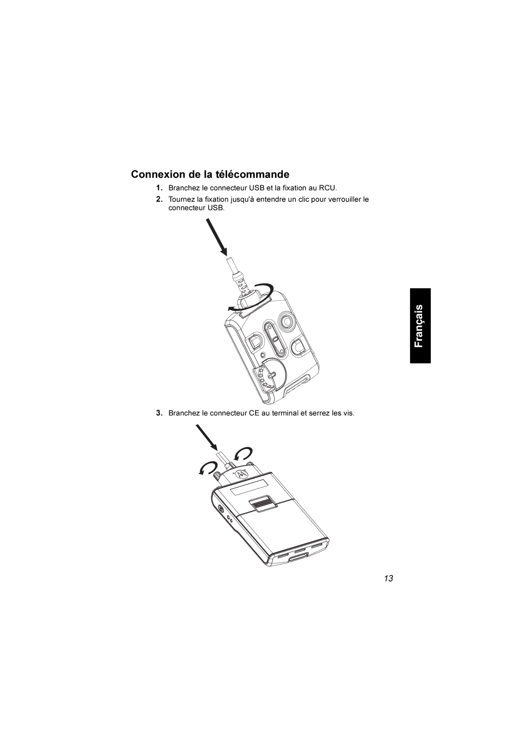 Motorola TCR1000 manual Connexion de la télécommande 