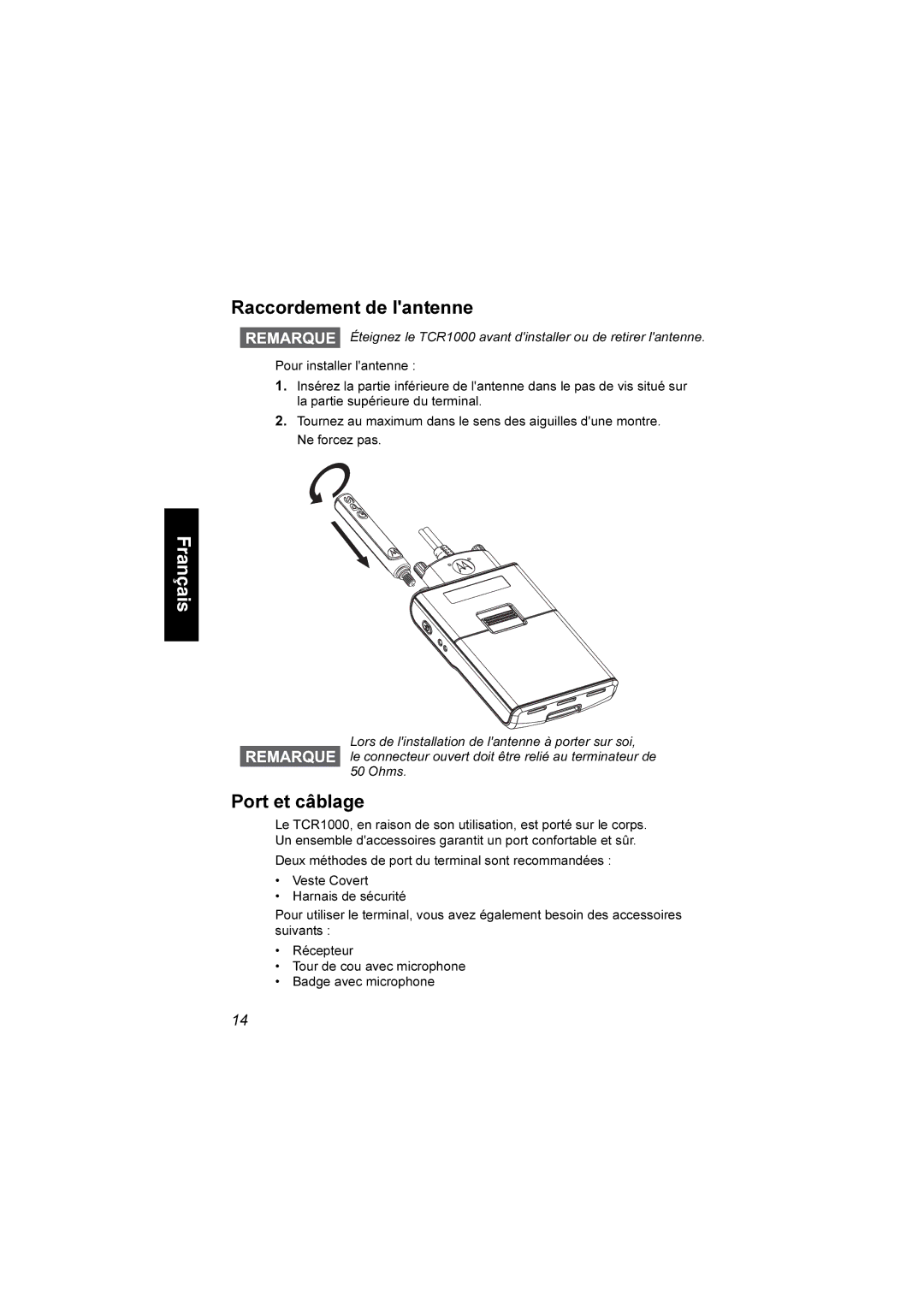 Motorola TCR1000 manual Raccordement de lantenne, Port et câblage 