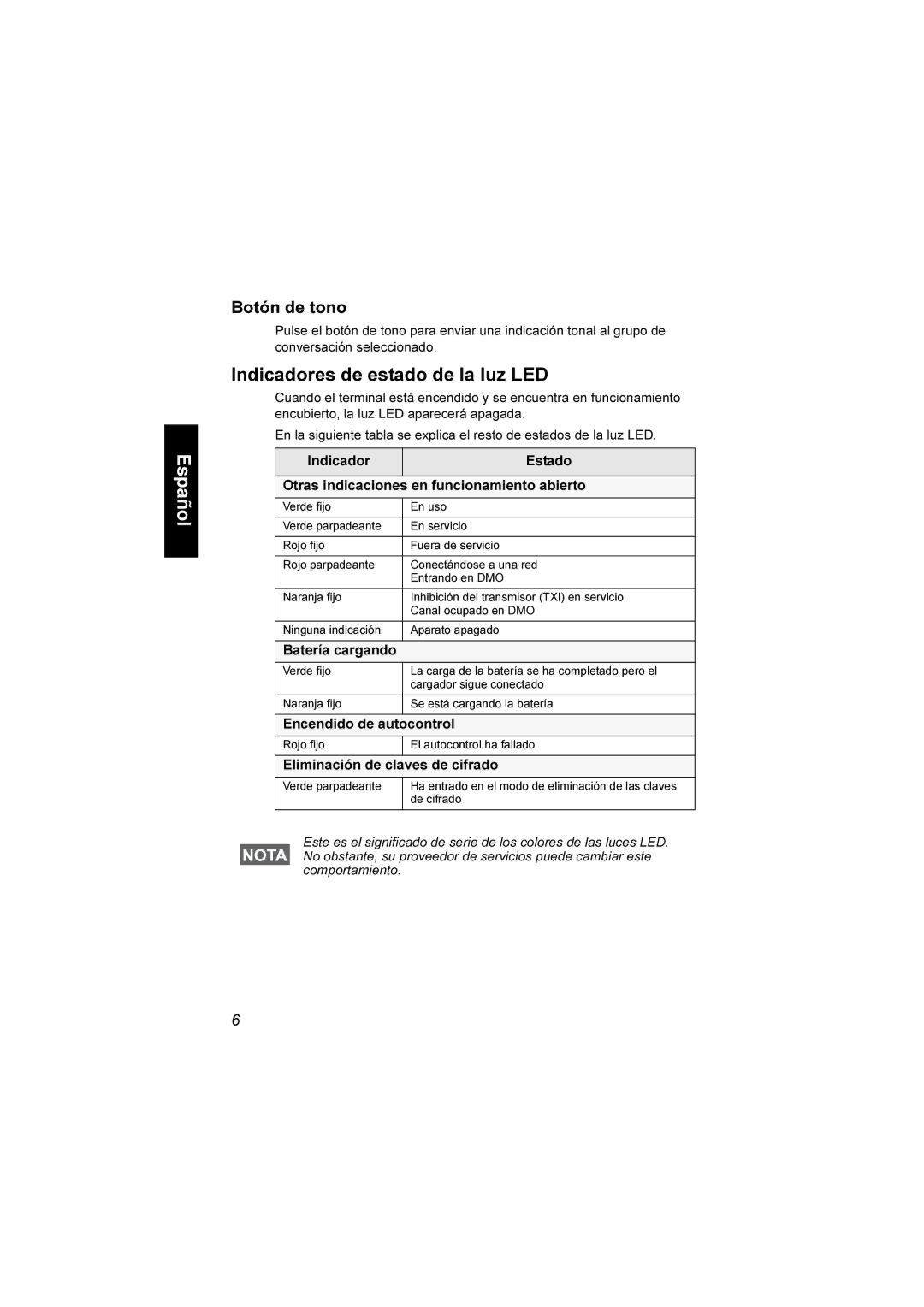 Motorola TCR1000 manual Indicadores de estado de la luz LED, Botón de tono, Batería cargando, Encendido de autocontrol 