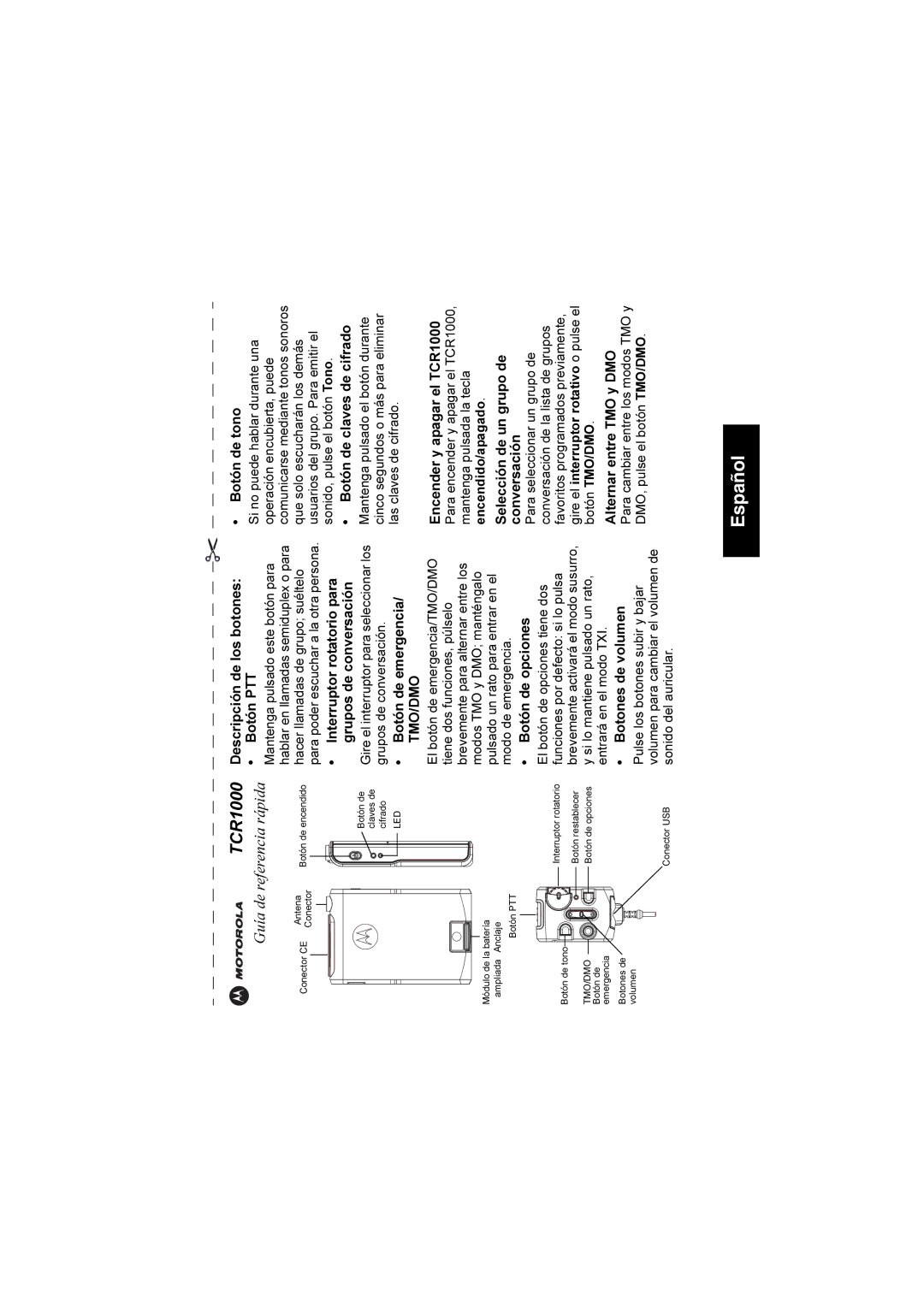 Motorola TCR1000 manual Descripción de los botones Botón PTT, Interruptor rotatorio para grupos de conversación 