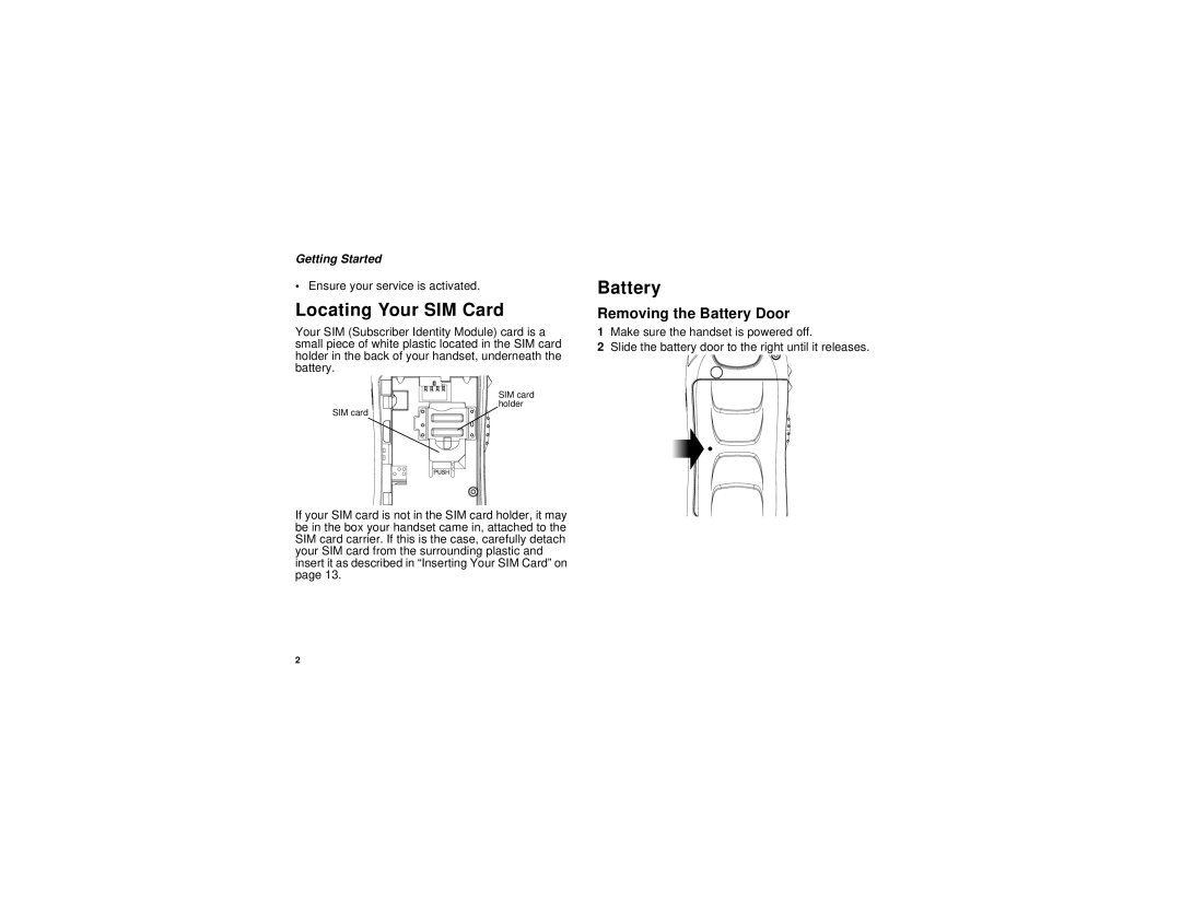 Motorola TELLU i265 manual Locating Your SIM Card, Removing the Battery Door, Getting Started 