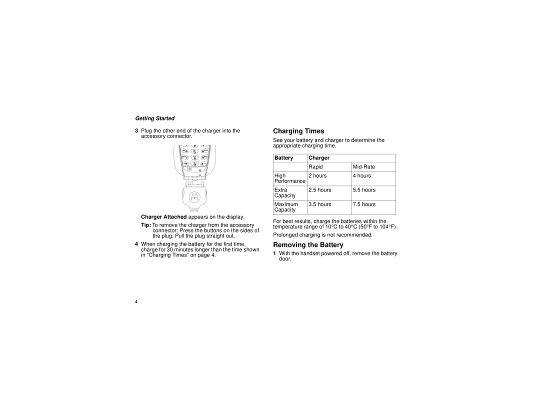 Motorola TELLU i265 manual Charging Times, Removing the Battery, Battery Charger 