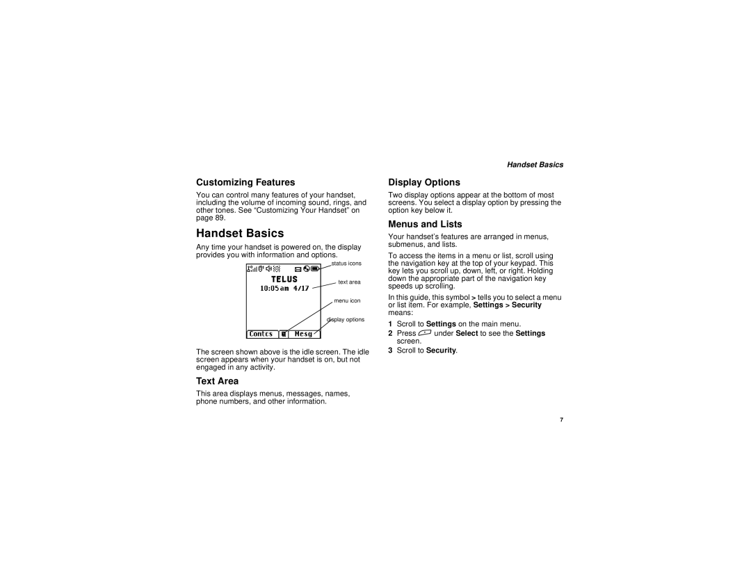 Motorola TELLU i265 manual Handset Basics, Customizing Features, Text Area, Display Options, Menus and Lists 