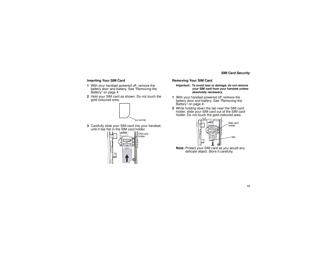 Motorola TELLU i265 manual Inserting Your SIM Card, Removing Your SIM Card 