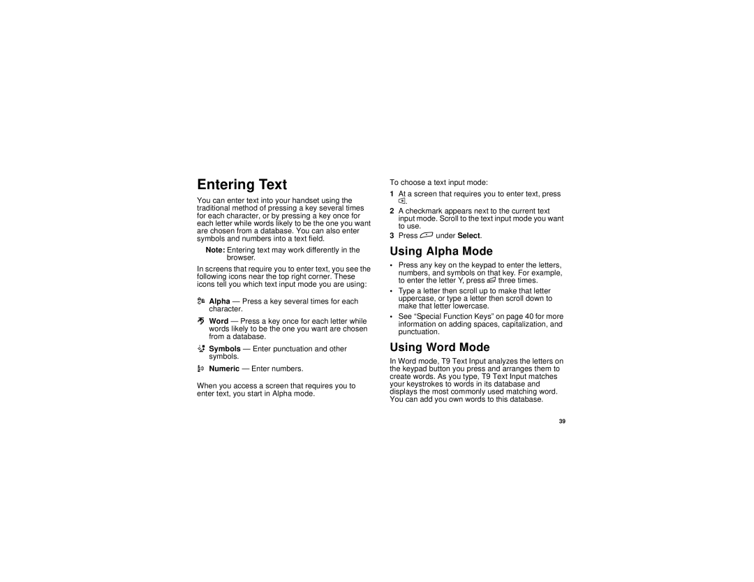 Motorola TELLU i265 manual Entering Text, Using Alpha Mode, Using Word Mode 