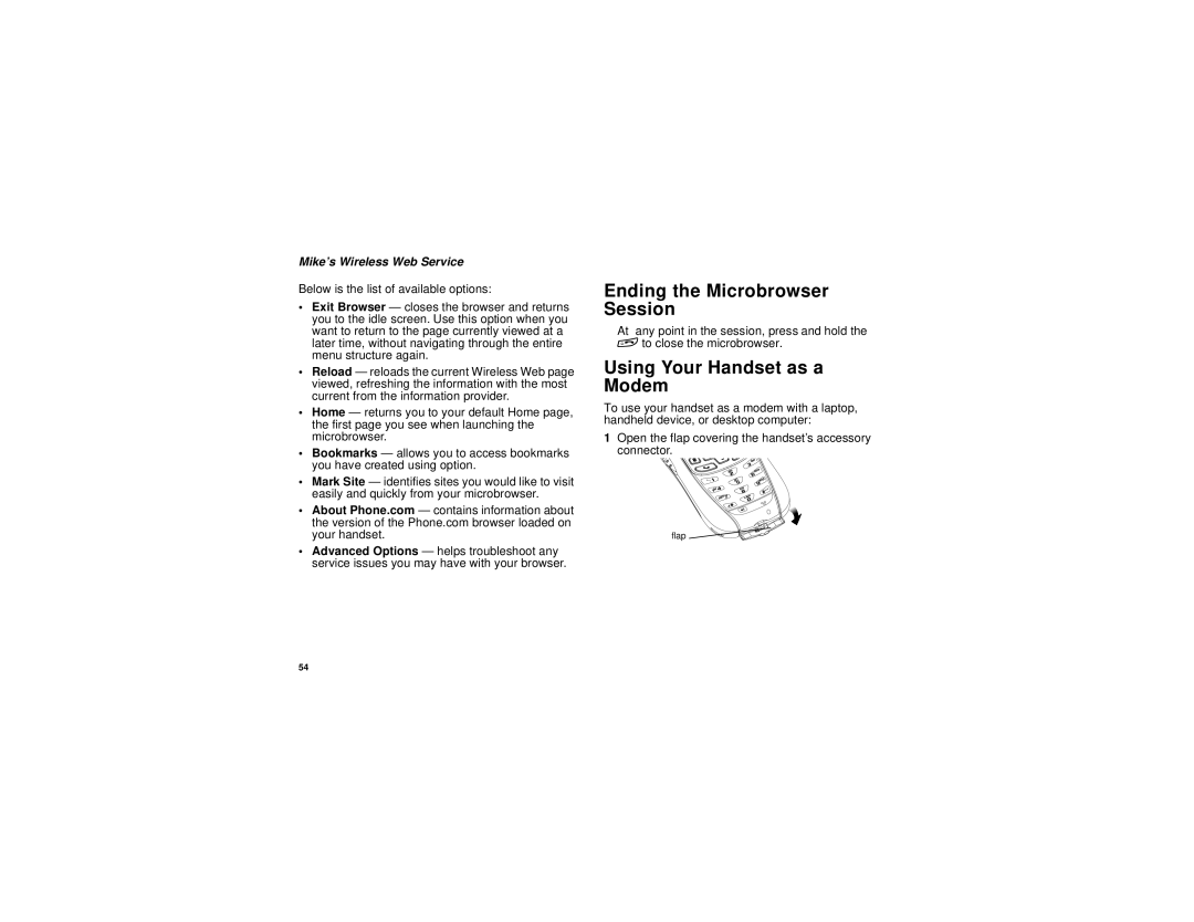 Motorola TELLU i265 manual Ending the Microbrowser Session, Using Your Handset as a Modem, Mike’s Wireless Web Service 