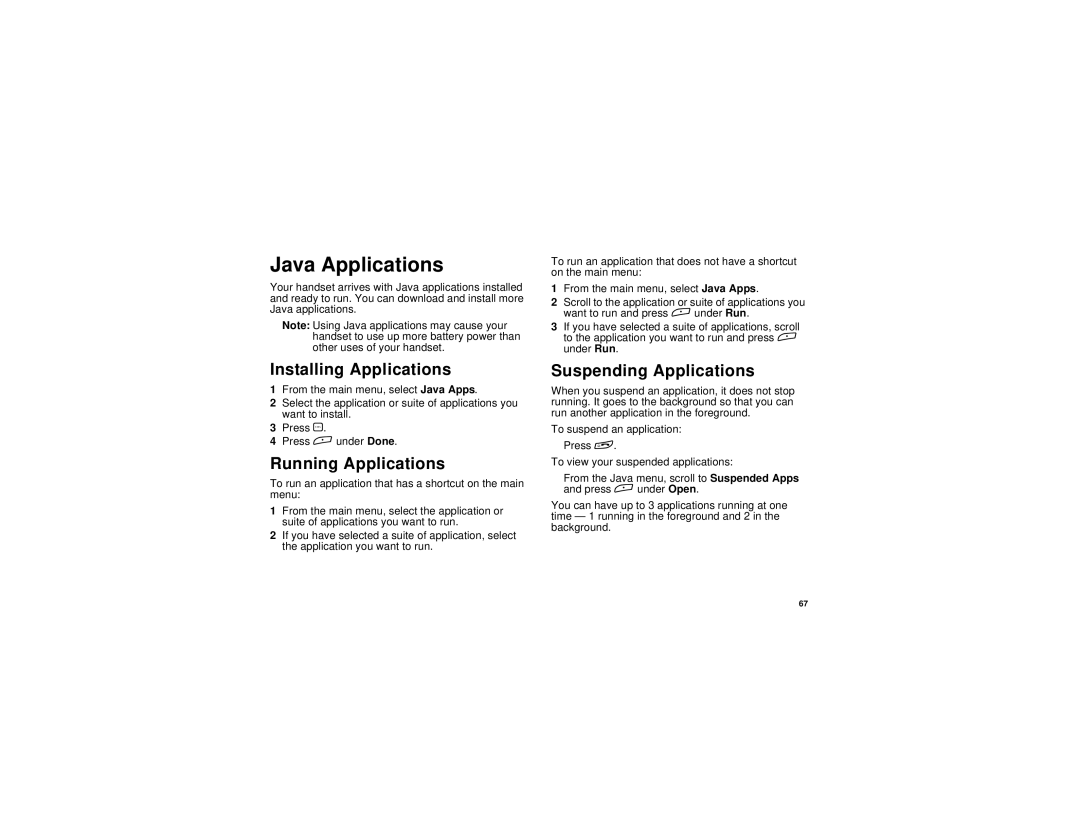 Motorola TELLU i265 manual Java Applications, Installing Applications, Running Applications, Suspending Applications 