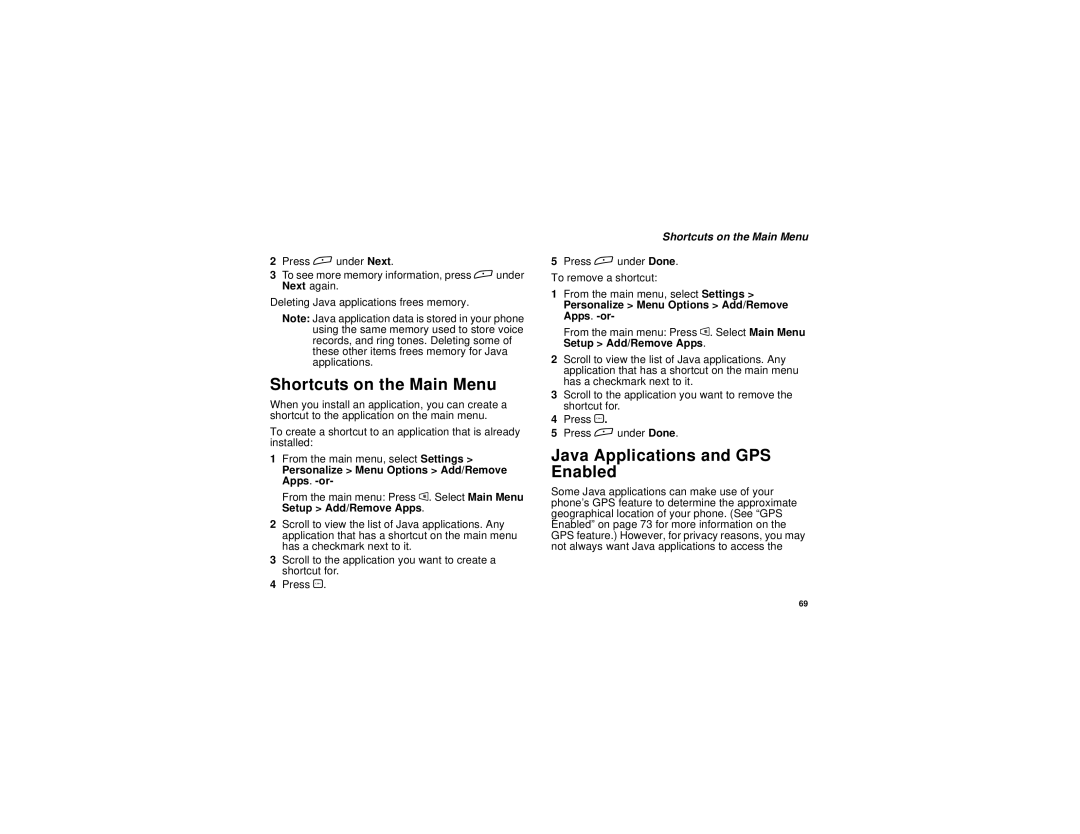Motorola TELLU i265 manual Shortcuts on the Main Menu, Java Applications and GPS Enabled 