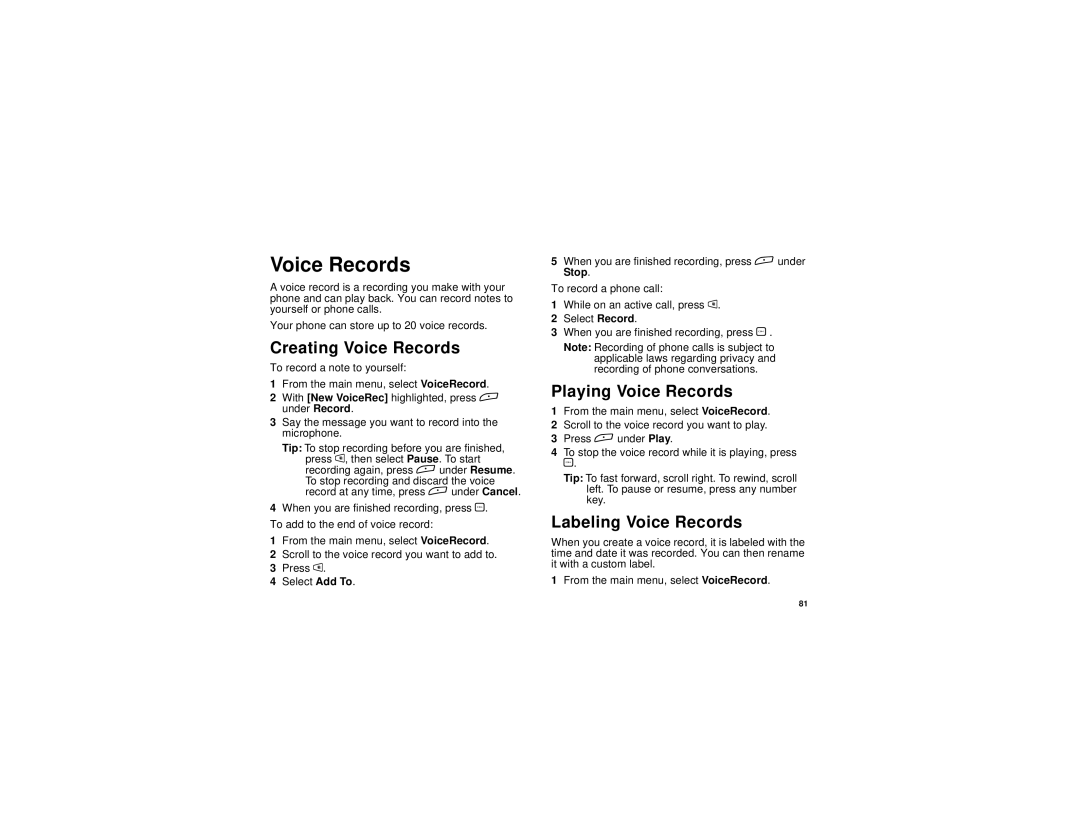 Motorola TELLU i265 manual Creating Voice Records, Playing Voice Records, Labeling Voice Records 