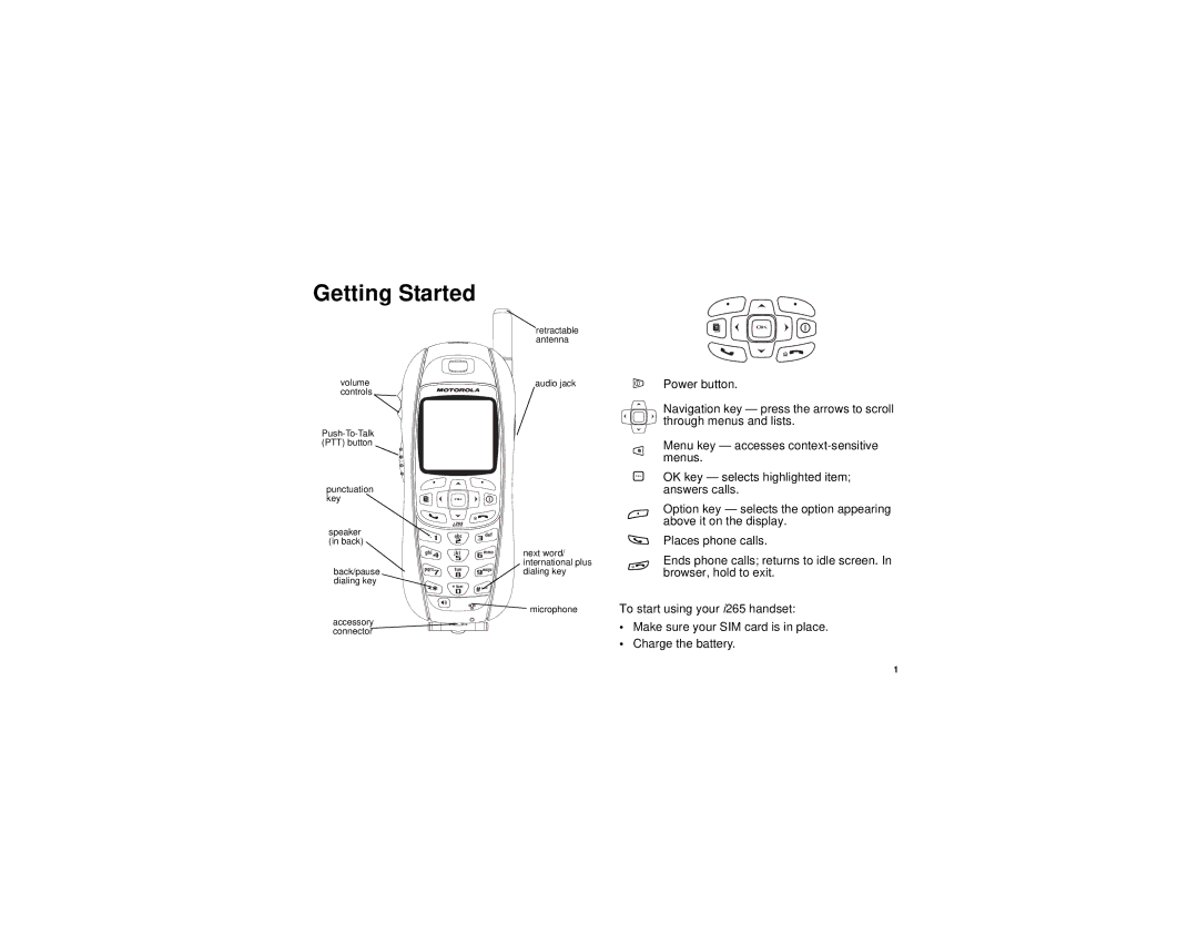 Motorola TELLU i265 manual Getting Started 