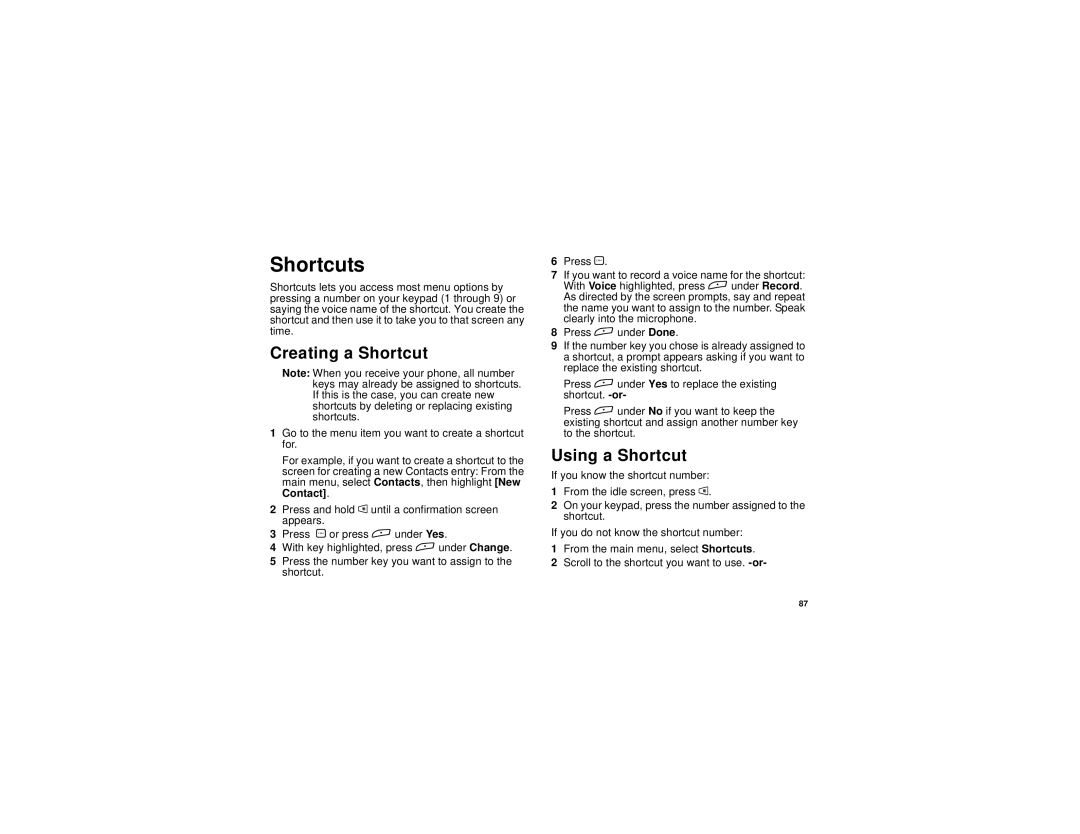 Motorola TELLU i265 manual Shortcuts, Creating a Shortcut, Using a Shortcut 