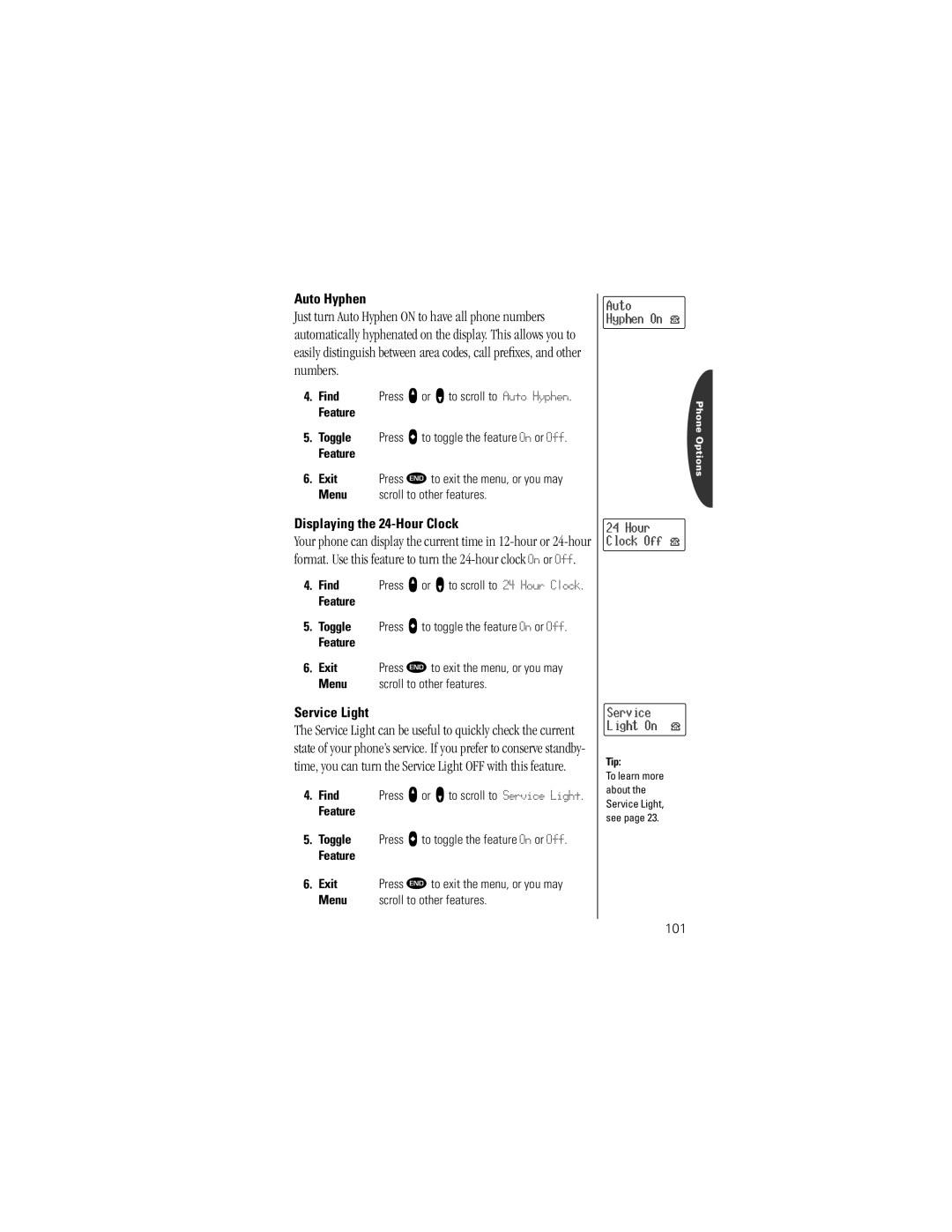 Motorola Timeport Phone specifications Auto Hyphen, Displaying the 24-Hour Clock, Hour Clock Off Service Light On, 101 