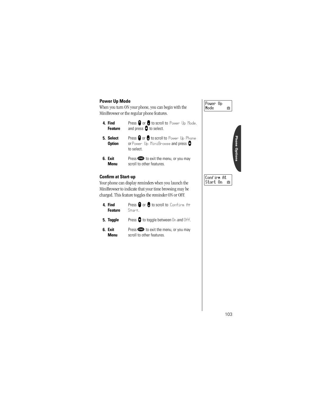 Motorola Timeport Phone Power Up Mode, Conﬁrm at Start-up, Select Press q or Z to scroll to Power Up Phone, 103 