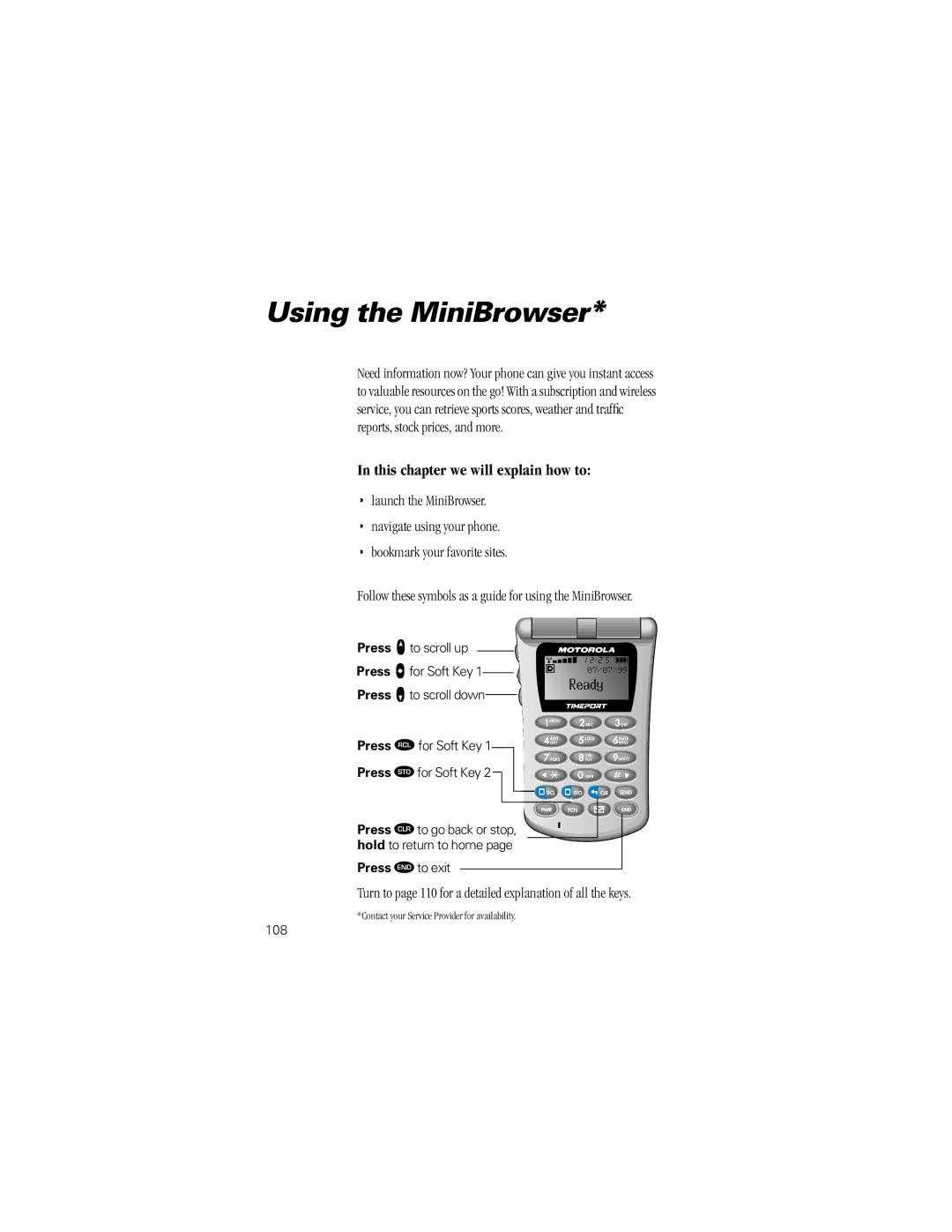 Motorola Timeport Phone Using the MiniBrowser, Turn to page 110 for a detailed explanation of all the keys, 108 