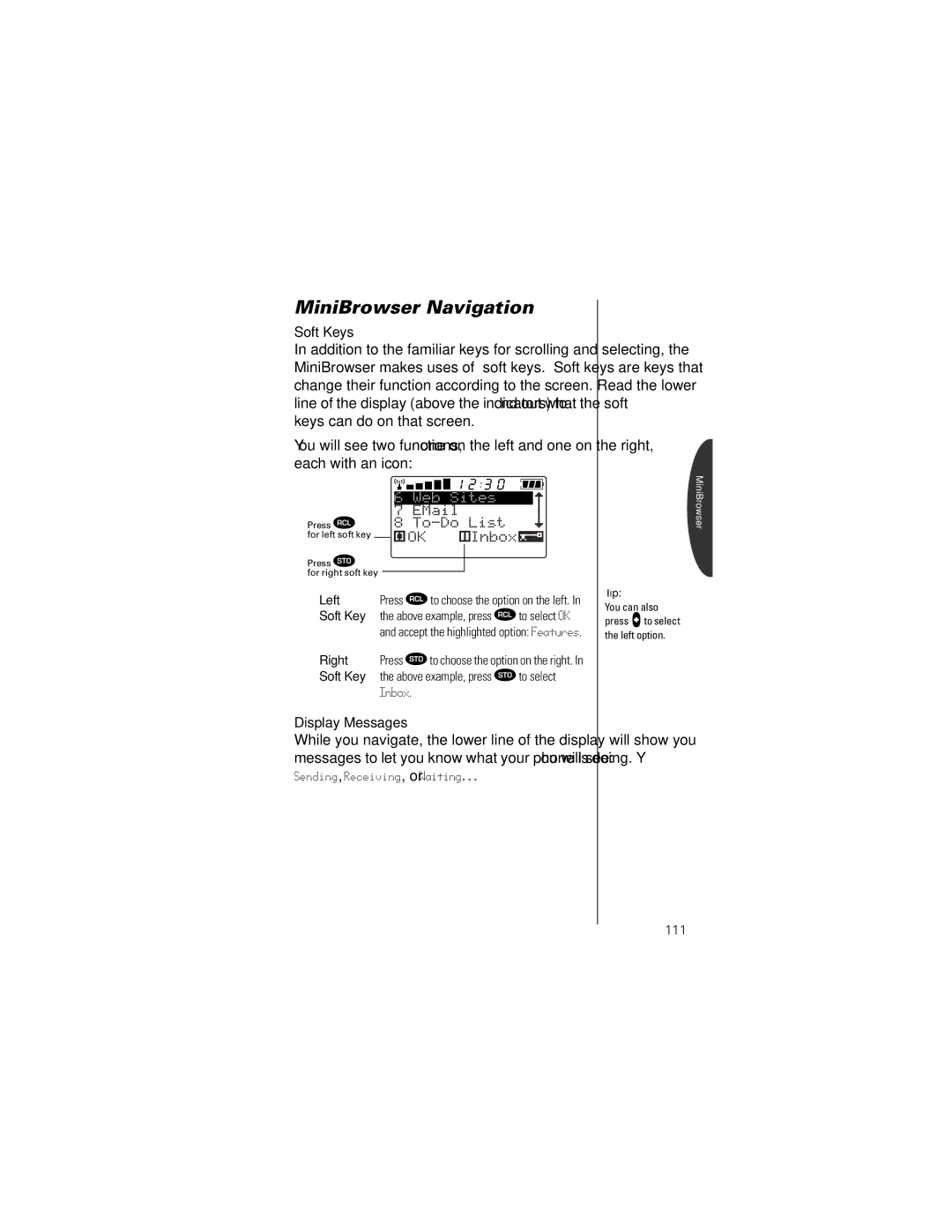 Motorola Timeport Phone specifications Soft Keys, Display Messages, Left, Right 