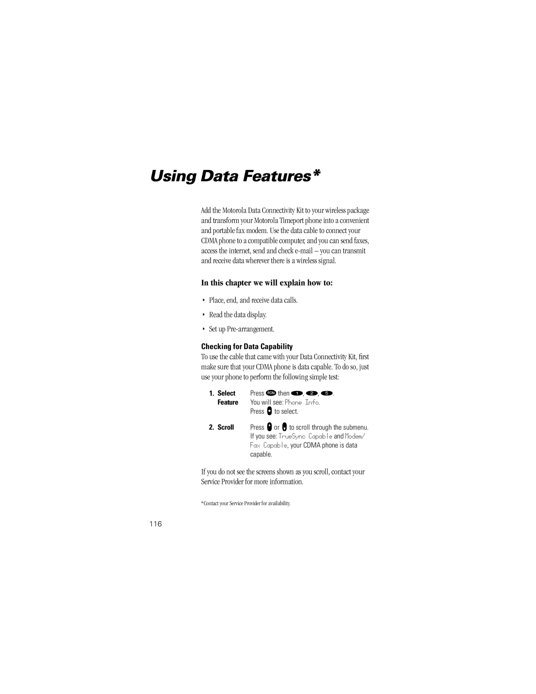 Motorola Timeport Phone Using Data Features, Service Provider for more information, Checking for Data Capability, 116 