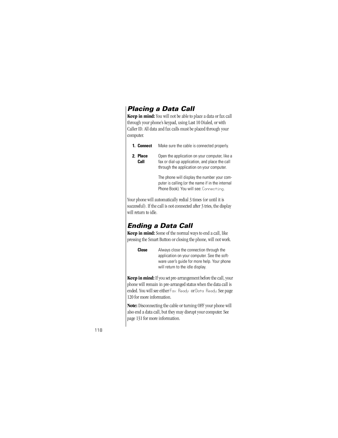 Motorola Timeport Phone specifications Placing a Data Call, Ending a Data Call, 118 