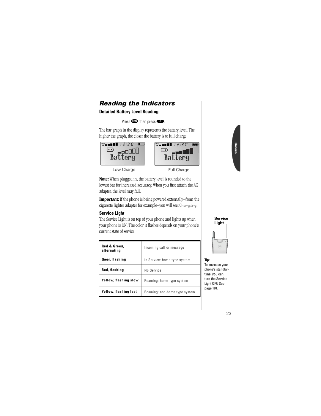 Motorola Timeport Phone Reading the Indicators, Detailed Battery Level Reading, Service Light, Press Ä then press Ý 