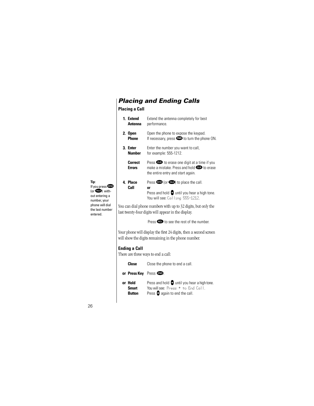 Motorola Timeport Phone Placing and Ending Calls, There are three ways to end a call, Placing a Call, Ending a Call 