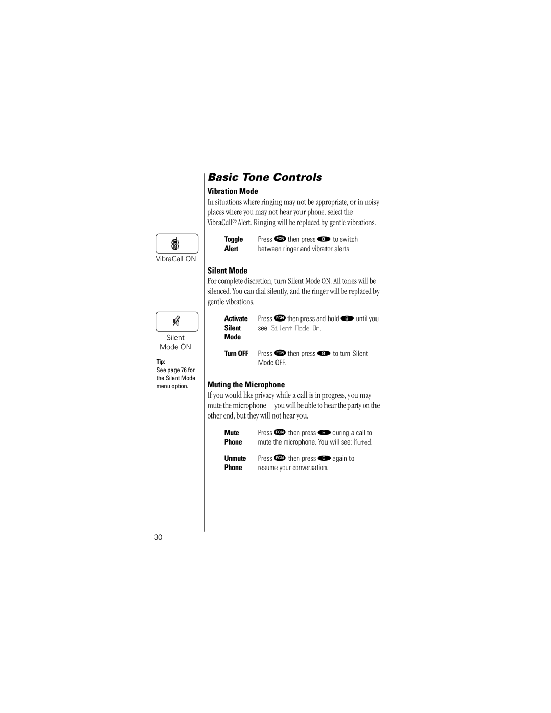 Motorola Timeport Phone specifications Basic Tone Controls, Vibration Mode, Muting the Microphone 