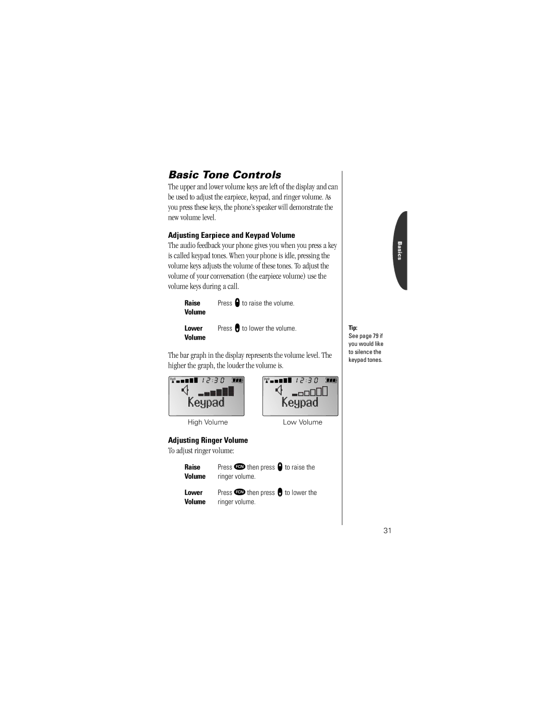 Motorola Timeport Phone To adjust ringer volume, Adjusting Earpiece and Keypad Volume, Adjusting Ringer Volume 