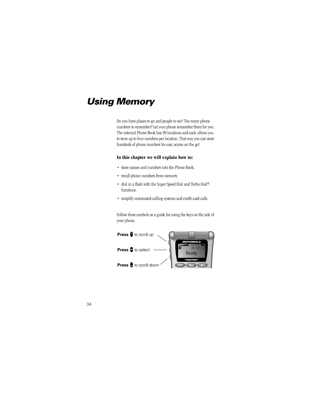 Motorola Timeport Phone specifications Using Memory, Ready 