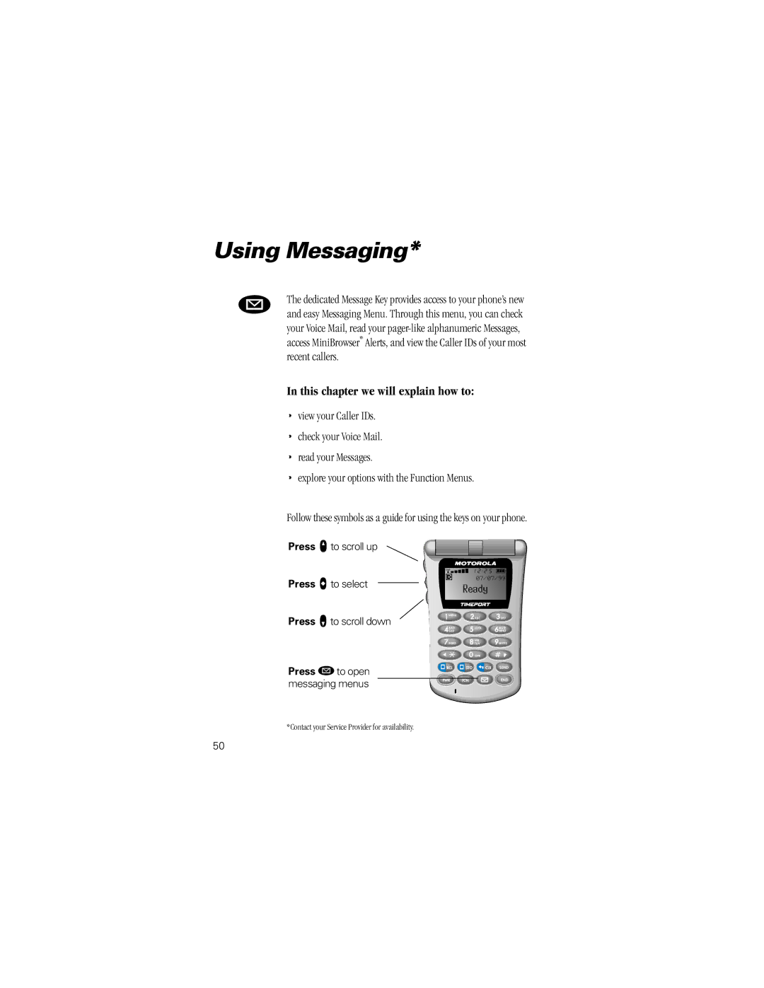 Motorola Timeport Phone specifications Using Messaging, Ready 