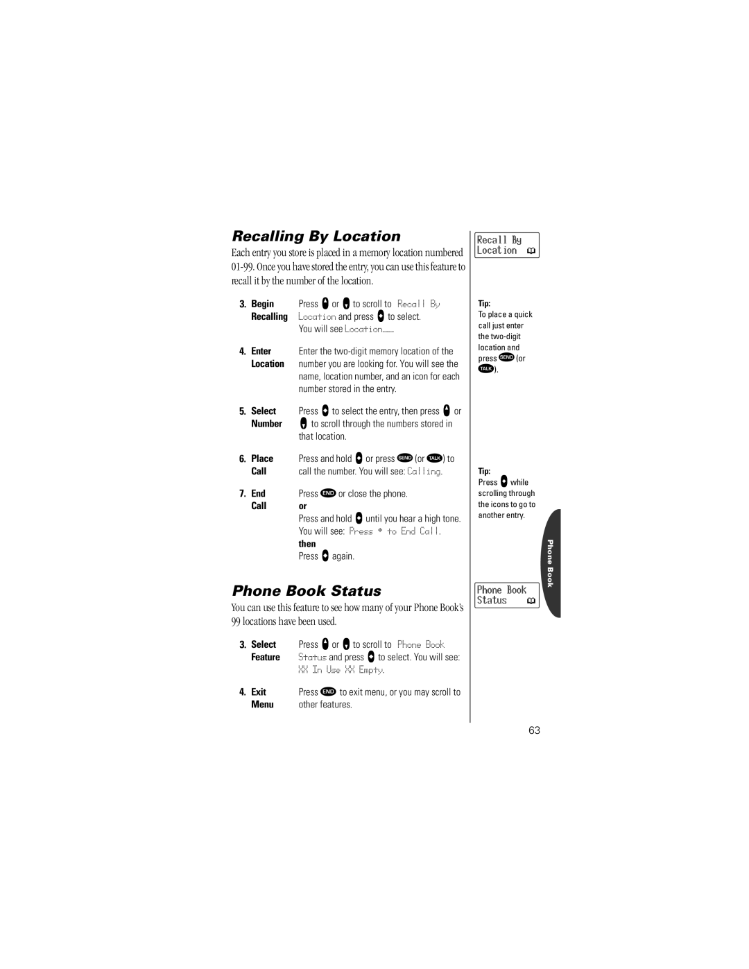 Motorola Timeport Phone specifications Recalling By Location, Phone Book Status 