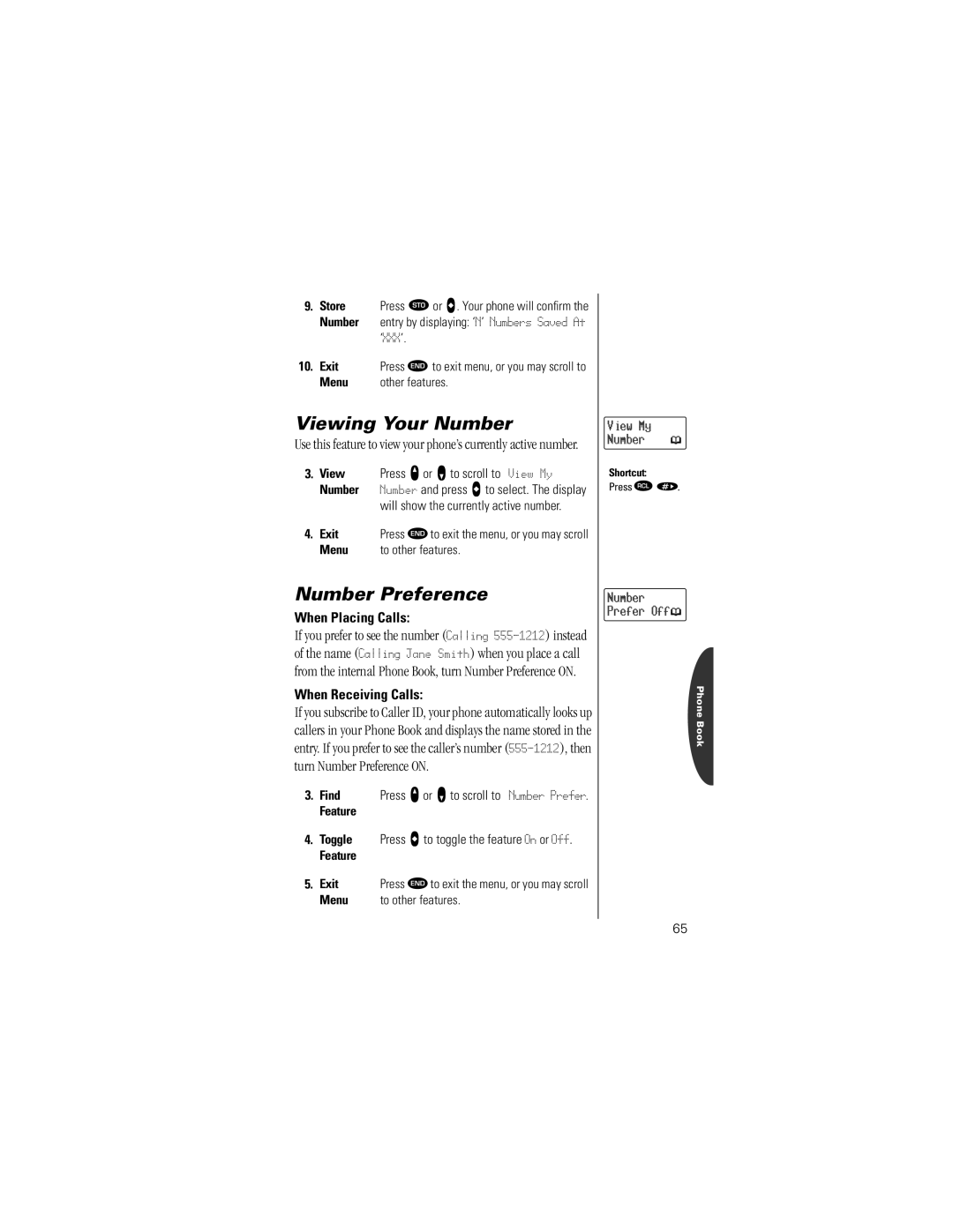 Motorola Timeport Phone Viewing Your Number, Number Preference, When Placing Calls, When Receiving Calls, Feature Exit 