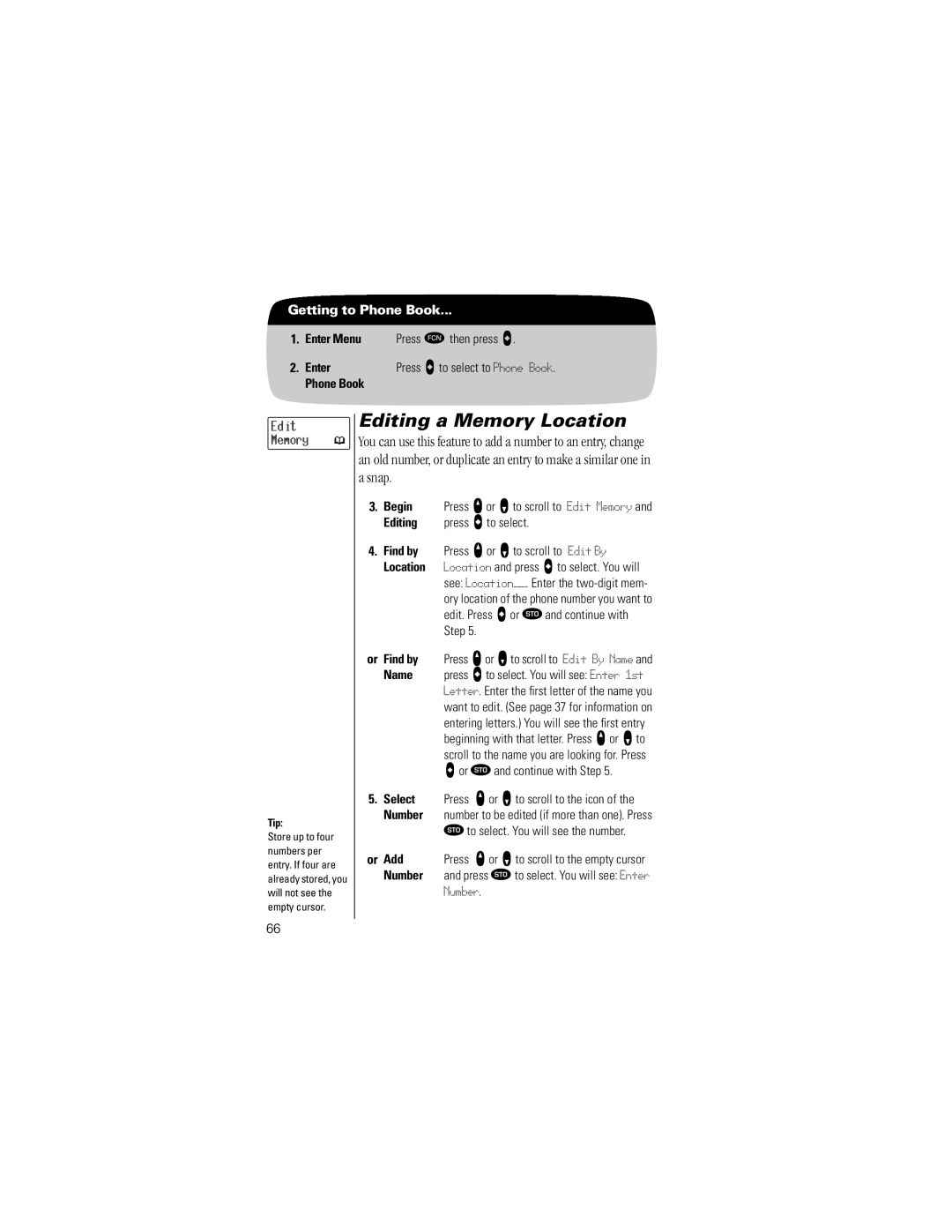 Motorola Timeport Phone specifications Editing a Memory Location, Snap, Edit Memory, Or Add 