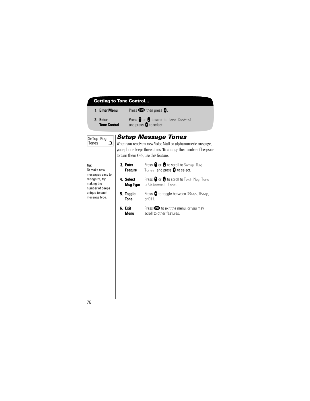 Motorola Timeport Phone specifications Setup Message Tones, Toggle Press a to toggle between 3Beep, 1Beep, Tone Or Off Exit 