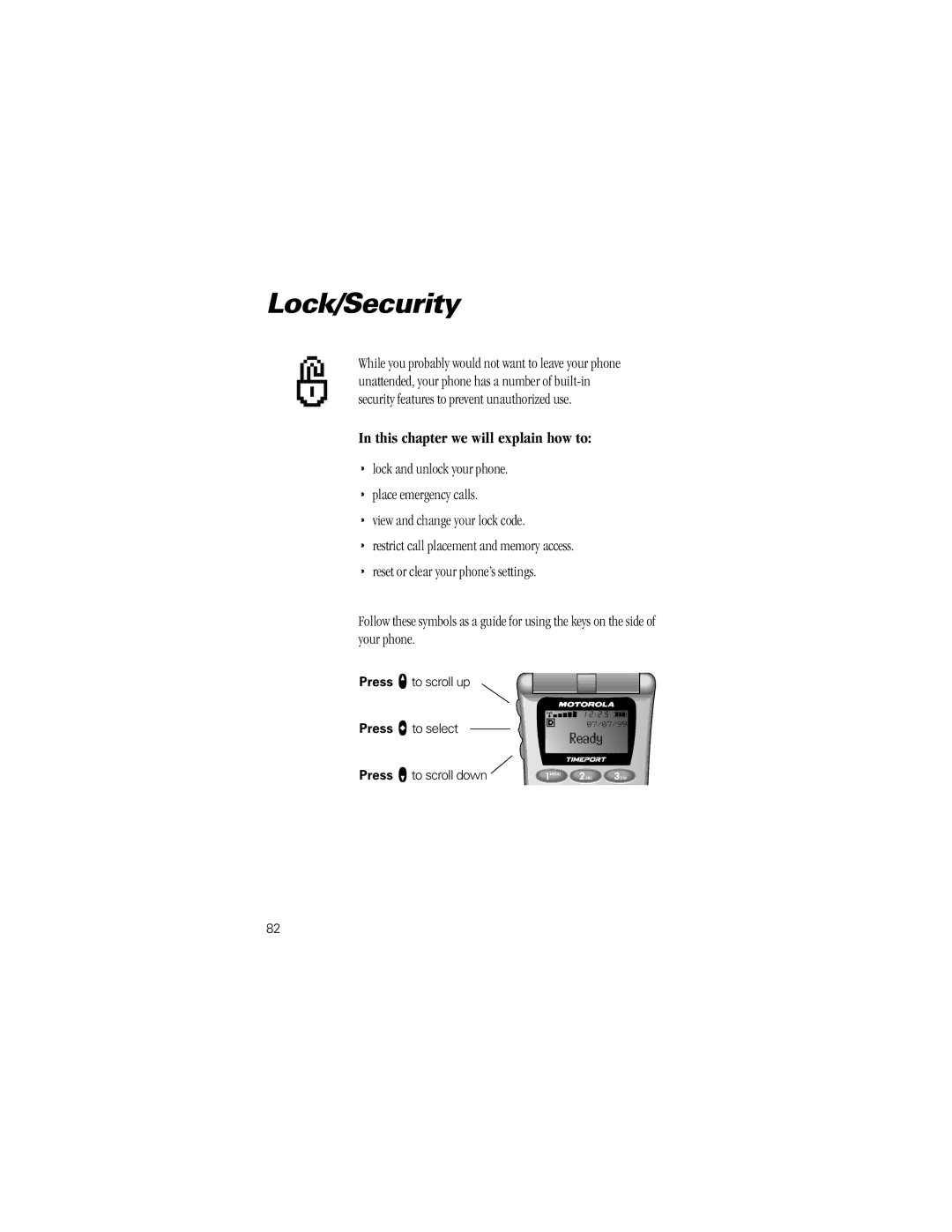 Motorola Timeport Phone specifications Lock/Security, Ready 