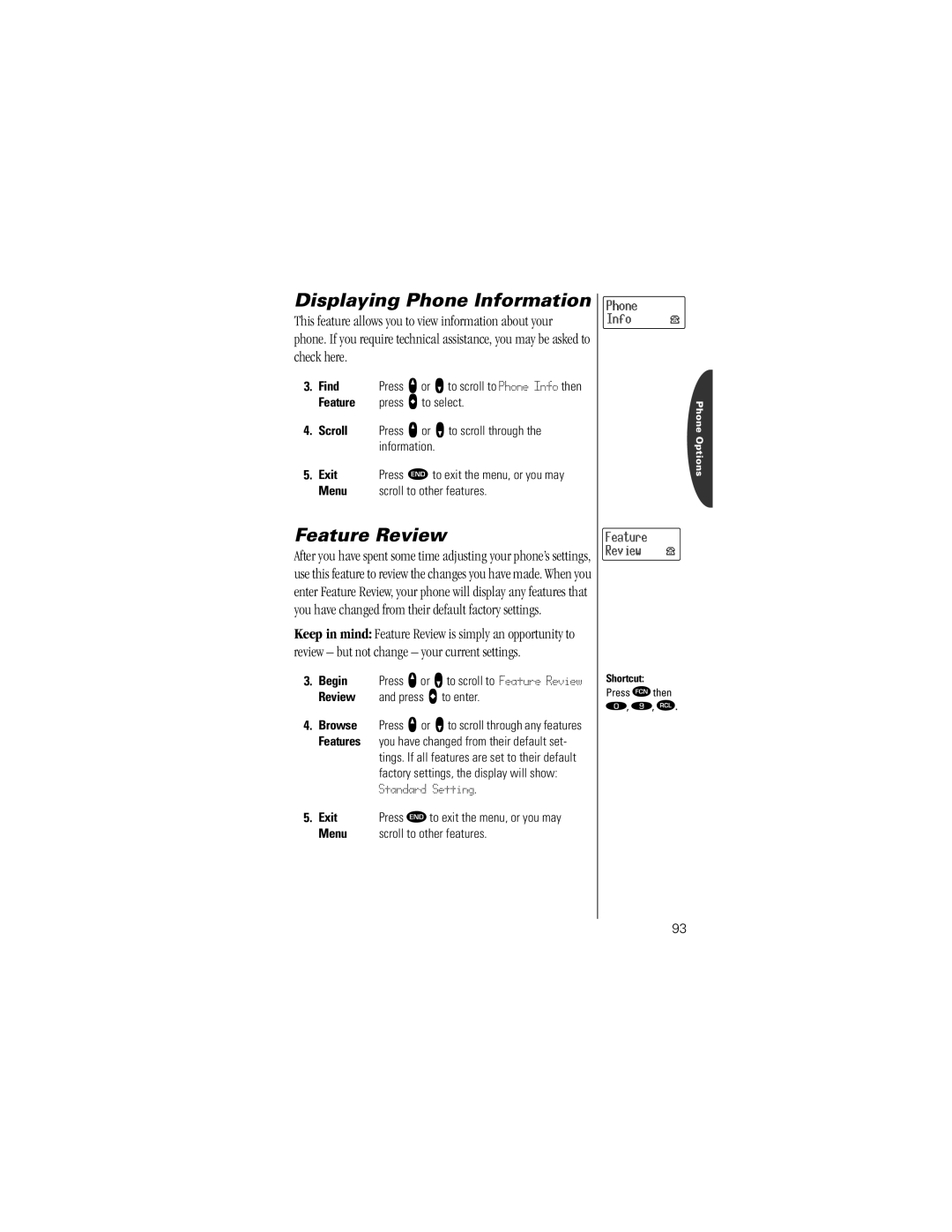 Motorola Timeport Phone specifications Displaying Phone Information, Standard Setting, Phone Info Feature Review 