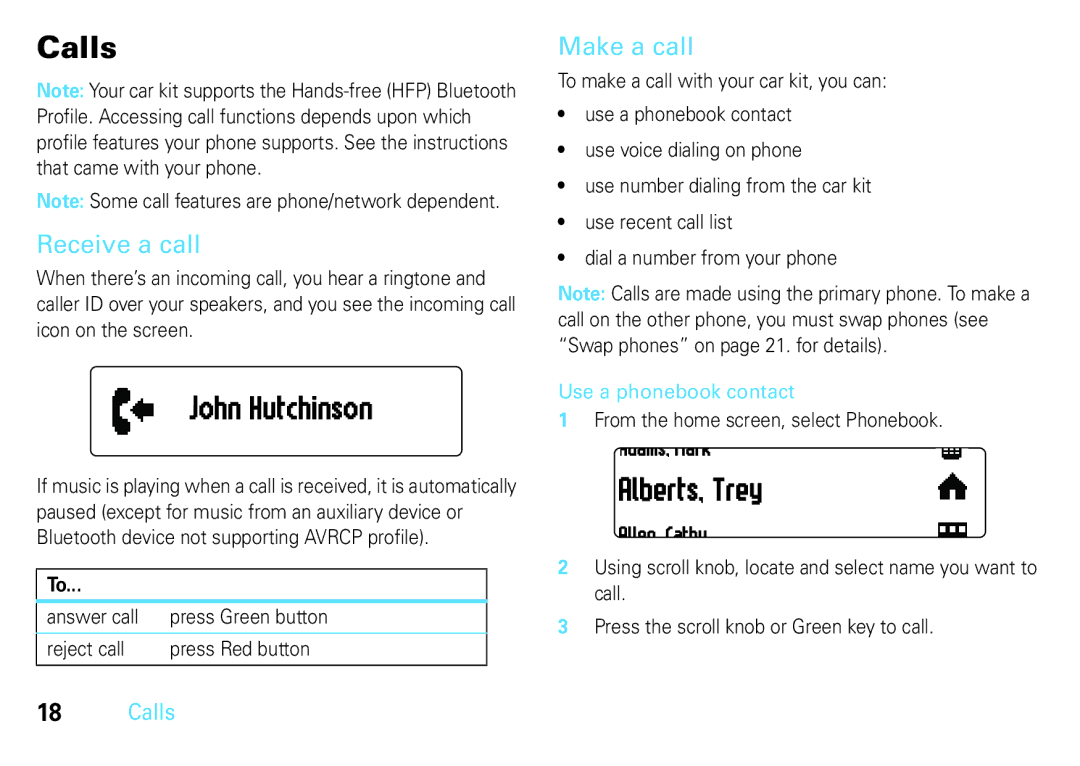 Motorola TK30, 68014301013 manual Calls, John Hutchinson, Alberts, Trey, Receive a call, Make a call 
